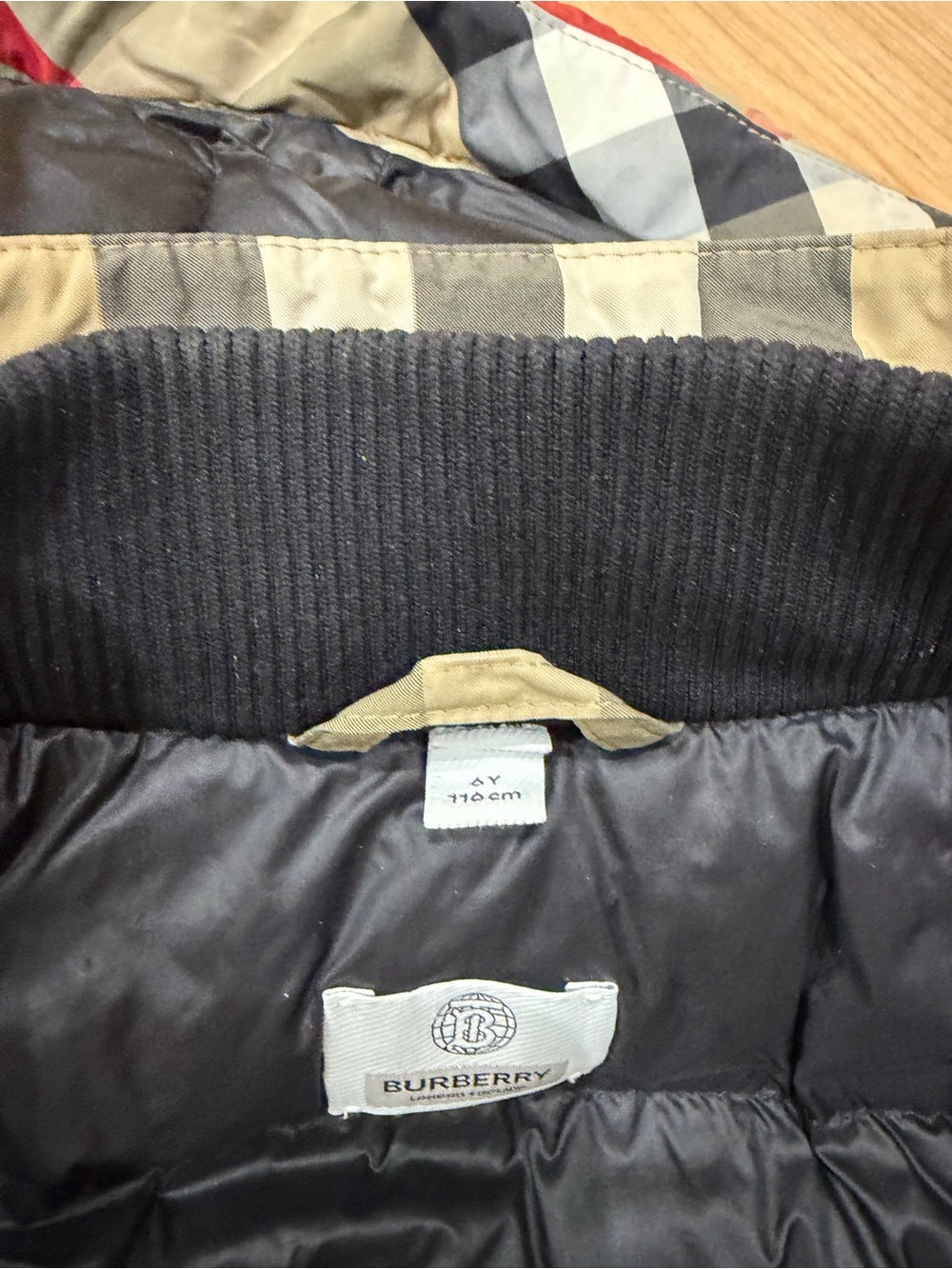 Burberry Black Kids Puffer Jacket with Beige Check Trim